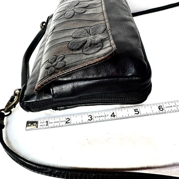 Atelier V Cuir Brown Black Daisy Embossed Leather Shoulder Wallet Clutch Purse W - Picture 5 of 16